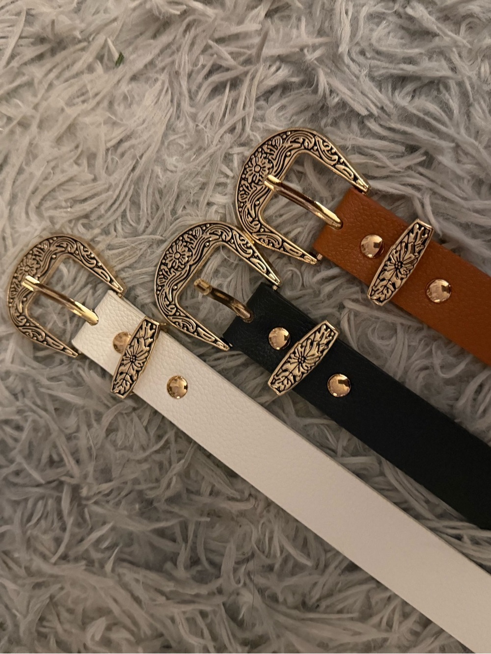 Amazon Women’s Decorative Gold-Buckle Belt Trio - White, Black, Tan